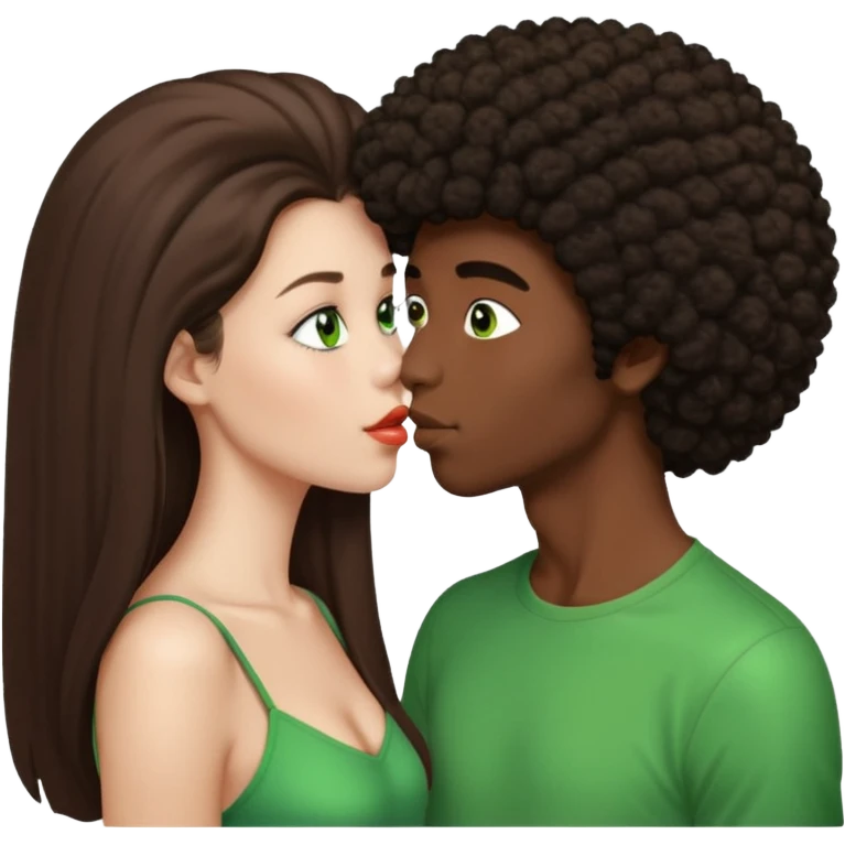 girl with long brown straight hair and green eyes kissing dark boy with afro and big nose emoji