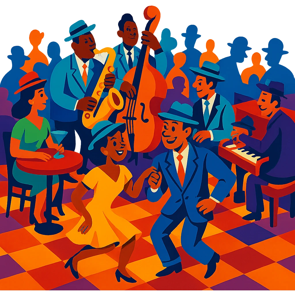 1940s jazz nightclub scene, vibrant toon style, energetic colors, no text emoji