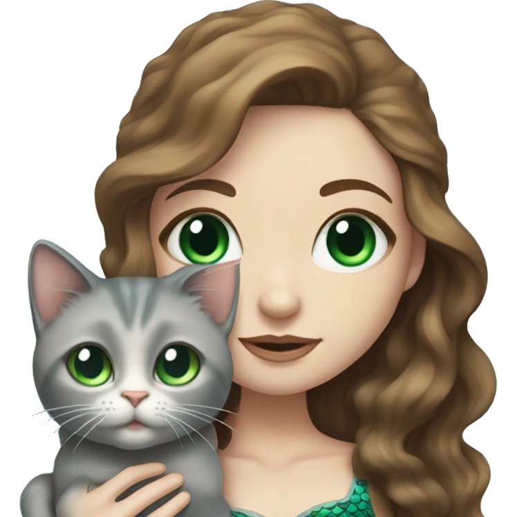 Mermaid with pale skin, wavy brown hair, and bright blue eyes holding a small gray cat with big green eyes, detailed  emoji