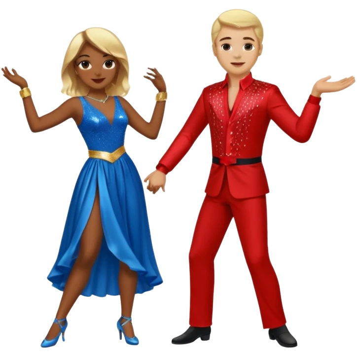 Two people dancing. A man wearing red with light skin and blonde hair. A women wearing bue with dark skin and brown hair. emoji