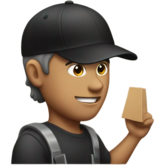 Man wearing black backwards cap installing a sign emoji