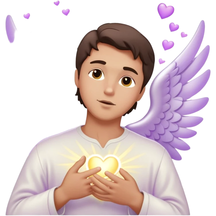 White brunette man standing with rays of light Hearts kissing pastel purple angel emoji
