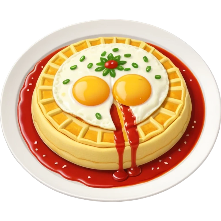 Tasty omurice dish on a big plate garnished with a wobbly line of ketchup on top emoji