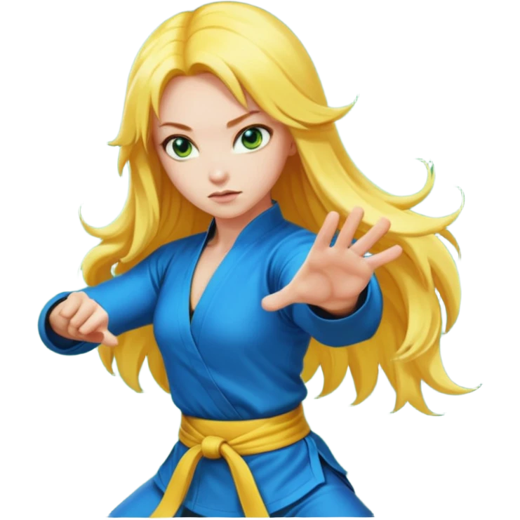 sexy girl with long yellow hair, kung fu, blue green eyes emoji