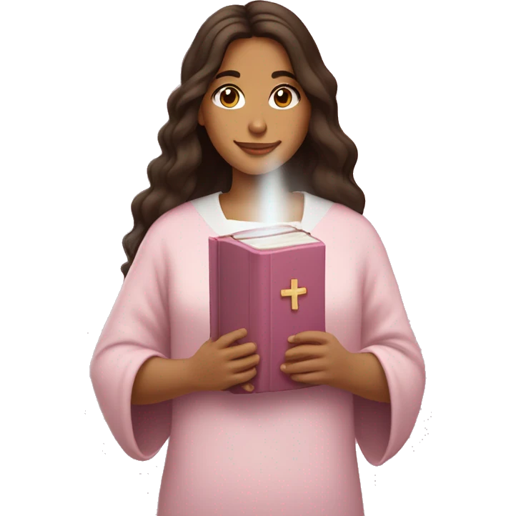 Latina girl holding a light pink Bible with a Christian cross on the cover in one hand and a coffee in the other hand emoji