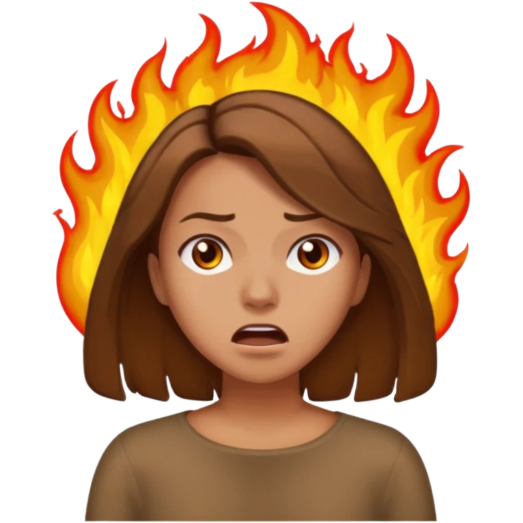 Woman with hair on fire looking stressed and panicked with brown shoulder length hair emoji