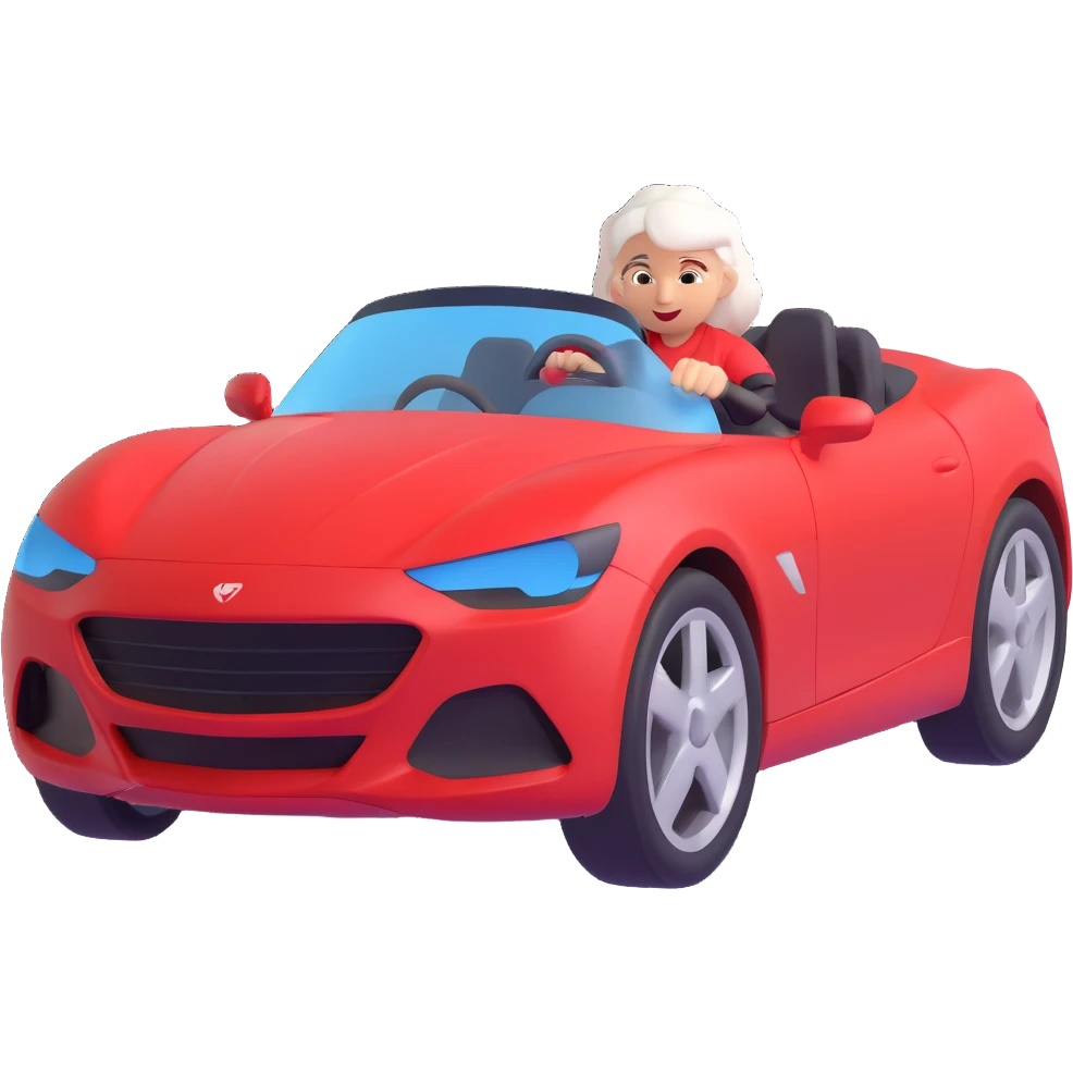Make the entire image 30% more realistic, including the mother with white hair and the red sports car, keep fast and furious vibe, dynamic motion effects, sporty 3D emoji style, no background. emoji