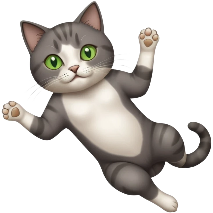 dark grey cat with green eyes, white toes/paws and white patch on her chest playfully rolling upside down emoji