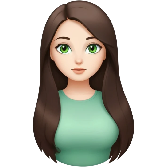 Curvy but beautiful brunette girl, very light green eyes, pin straight super long hair, modern style emoji