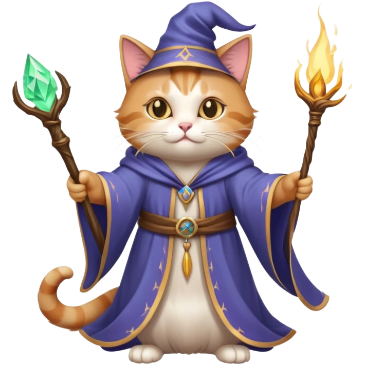 A cat wizard casting a spell with magical staff and flowing robes emoji