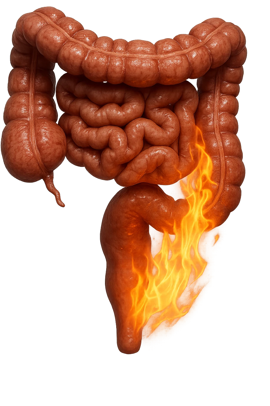 intestino umano anatomico realistico con fiamma, iperrealistico, non disegnato emoji