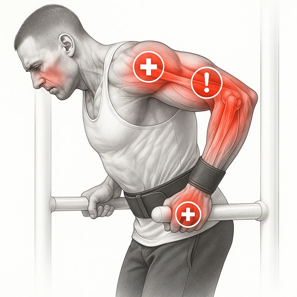A hyper realistic anatomical illustration of a man doing a dip exercise with the shoulder, arm, and elbow joints highlighted in red. Overlay of medical symbols such as crosses or exclamation points on the stressed areas. Clinical atmosphere with a white background. emoji