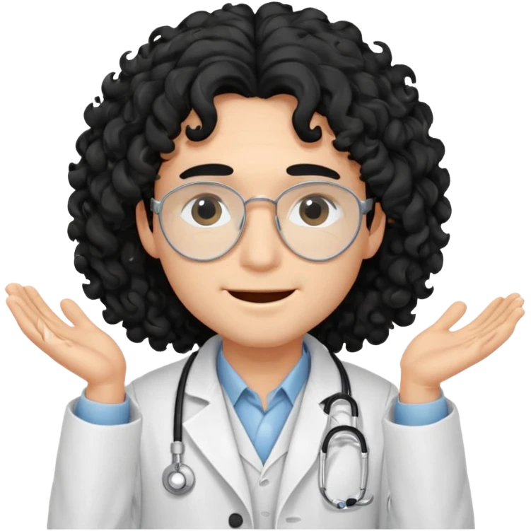 a young male doctor with black long curly hair cover his eyes a little bit and cheerful face emoji