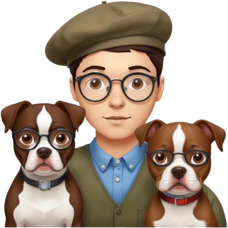 brunette hipster man w wire glasses and (brunette girl with bob and beret) and a brown pitbull boston terrier  emoji
