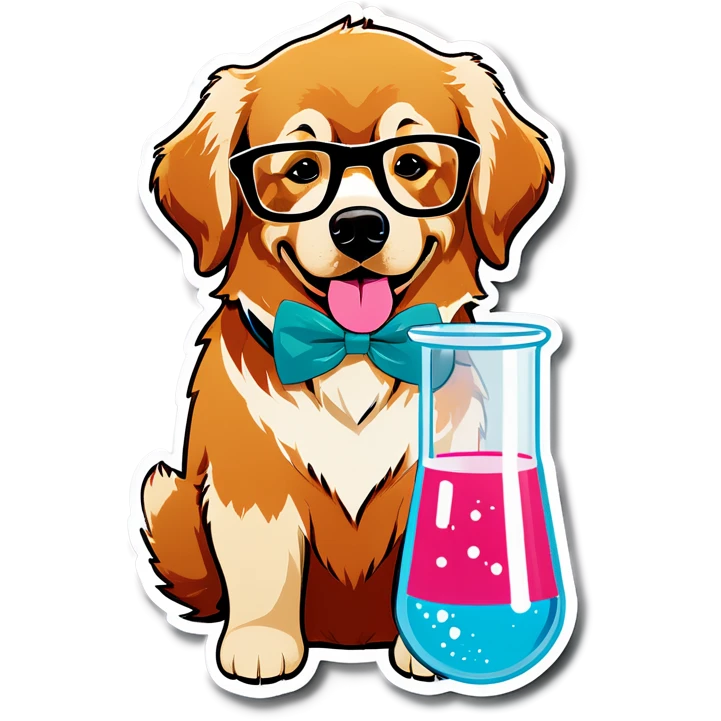 golden retriever that is a nerd with a pink bow and glasses and a scientific beaker emoji