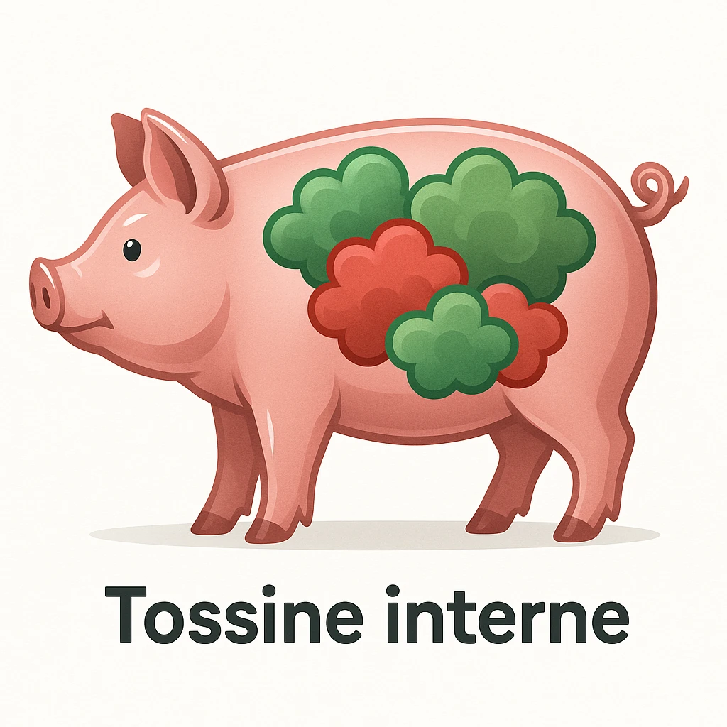 symbolic illustration of a pig with shiny dry skin, green/red toxin clouds inside the body, white background, Italian text: 'Tossine interne', 4K quality emoji