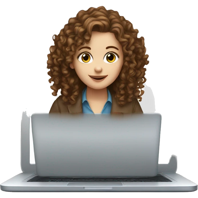 A white girl with brown, curly hair and blue eyes is working on a laptop emoji