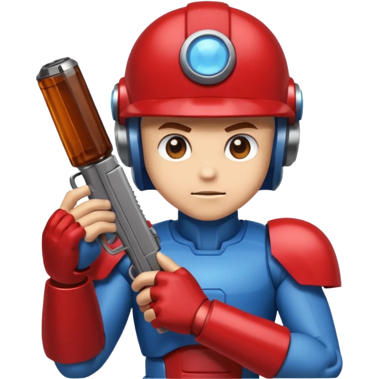 mega man but with the color rootbeer brown shiny like metal with arms for guns and a dark shiney red healmet emoji