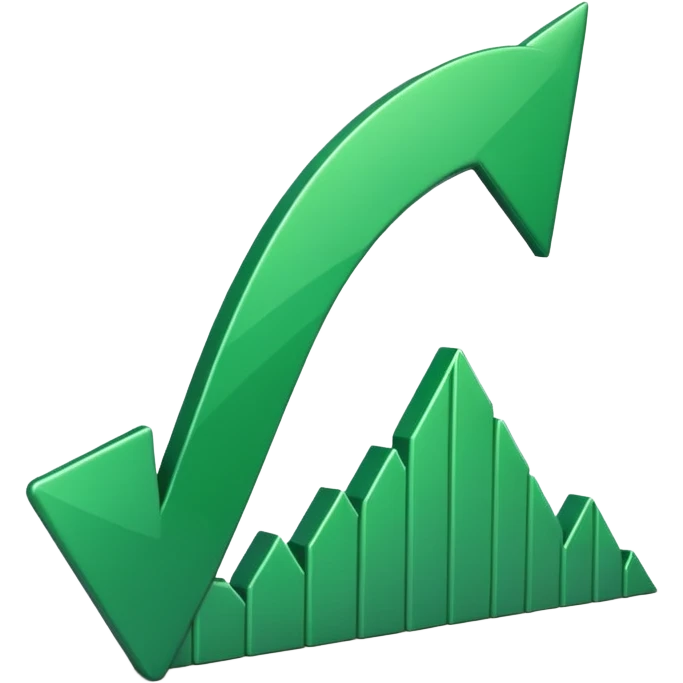 iOS-style 3D emoji: a glossy green arrow curving upward, attached to a jagged rising line chart, with smooth gradients and soft shadow emoji