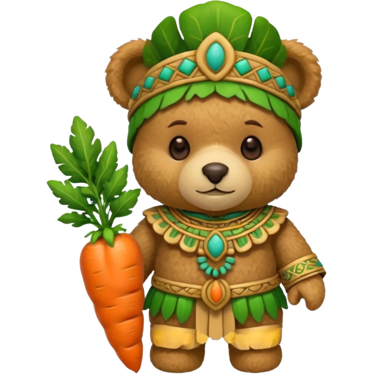 teddy bear, wearing green mayan ancient custome, with carrot emoji