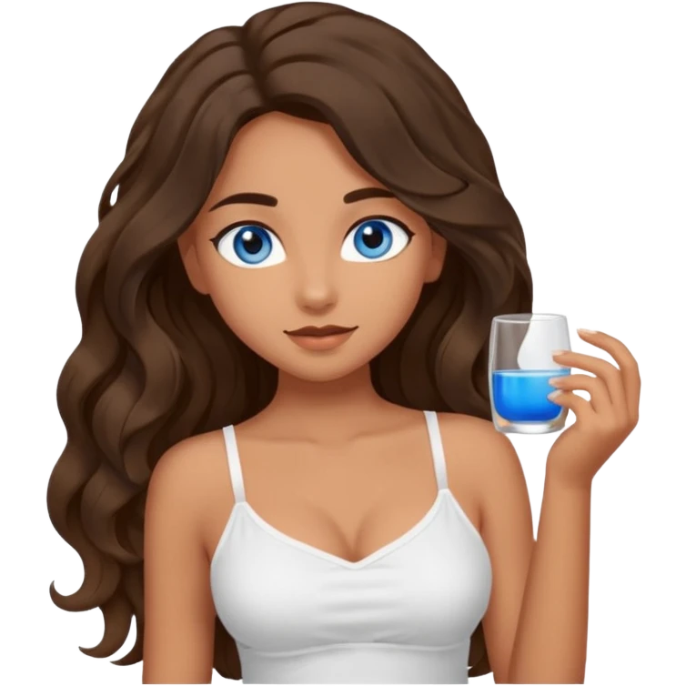 Girl with olive skin, blue eyes, brown dark insanely wavy long hair, white camisole, this pose 💁‍♀️ emoji