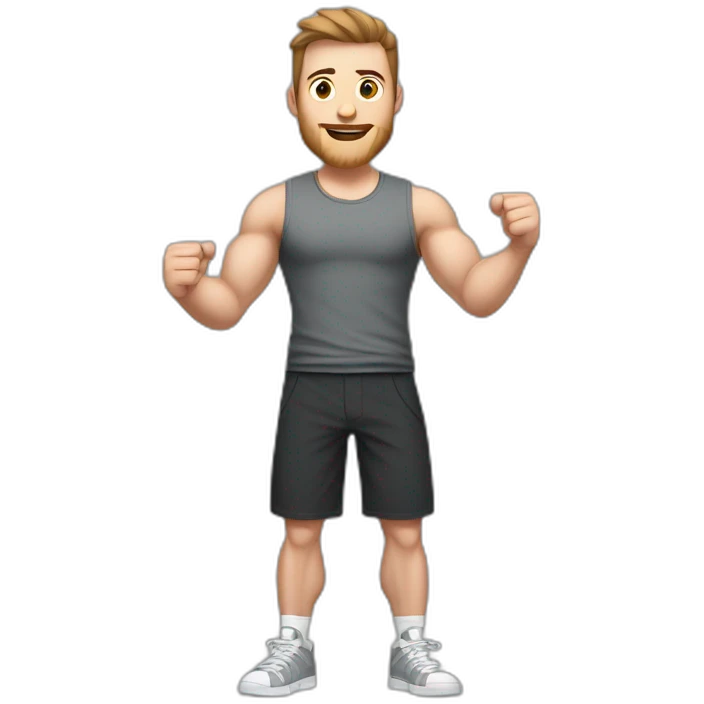 Full height Actively gesturing with hands Pale skinned Fit Man With the biceps and brown hair in dark gray Sleeveless Mike, black oversize sports shorts, watch and white Sneakers emoji