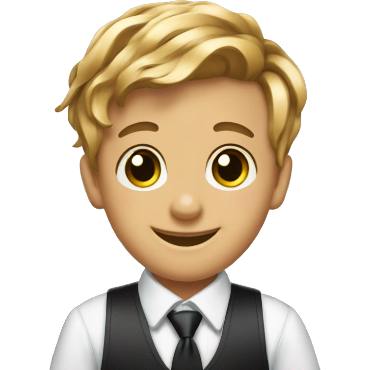 smiling boy in formal attire in a barber shop holding scissors and blades  emoji