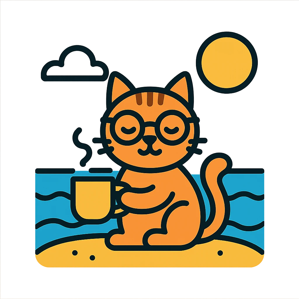 a cat wearing glasses and drinking coffee sitting at the beach emoji