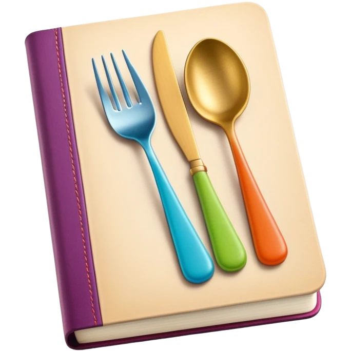 Colorful closed recipe book with a fork and spoon symbol on the cover, cookbook icon emoji