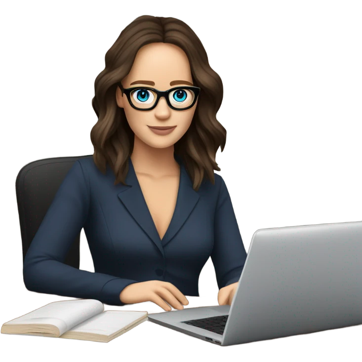 Realistic Photo of Brunette Jennifer Lawrence wearing black glasses and blue eyes  on a laptop  emoji