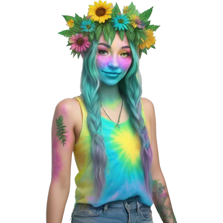 420 Tie dye hippie person flower crown tattoos hemp leaves metallic iridescent holographic blue cyan green pink yellow hazard stripes dark colours emoji