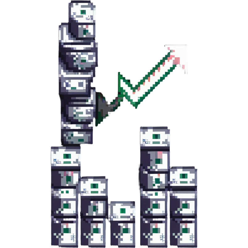 upward trending arrow beside three stacks of bundled dollar bills in ascending height emoji