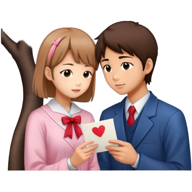 Japanese high school boy confessing love to a girl under cherry blossom tree with love letter emoji