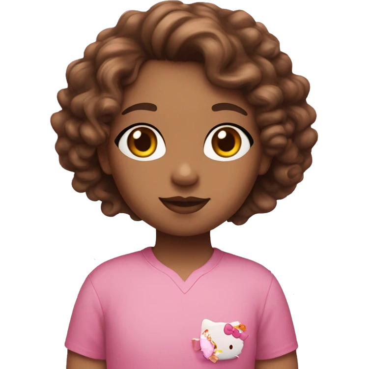 Girl with brown curly hair brown eyes and pink shirt with hello kitty on it emoji