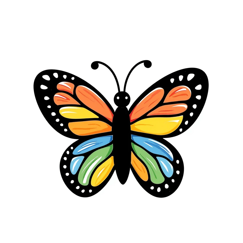 colorful butterfly in childlike crayon doodle style, centered, isolated on white background emoji
