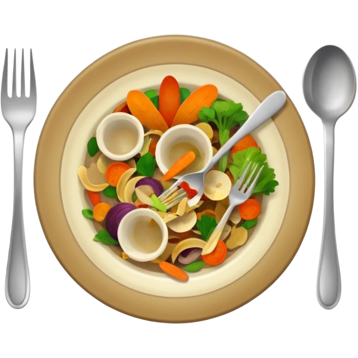 dirty plate from food scraps and vegetable leftovers, small fork and spoon resting on the plate emoji