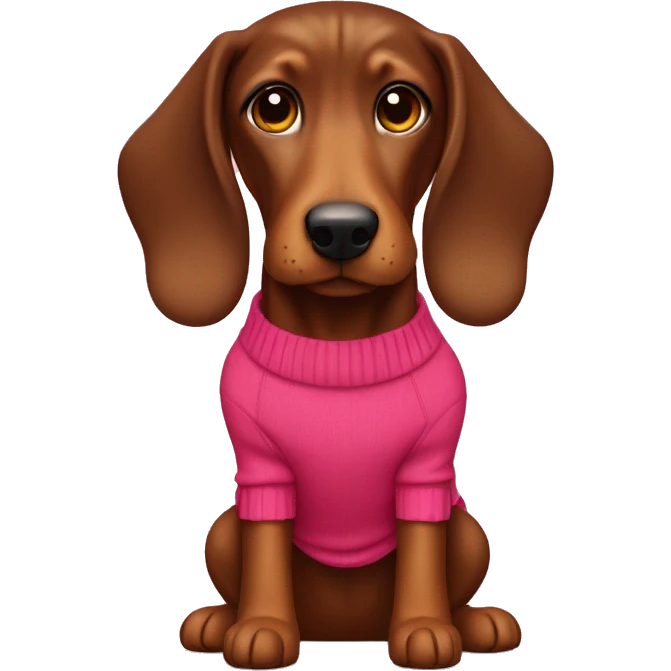 Brown Dackel in a red pullover with pink bone in mouth emoji