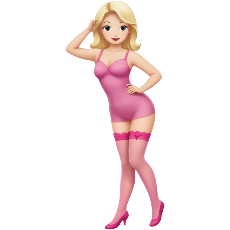 Blonde woman with pronounced curves, pink stockings, feminine pose emoji