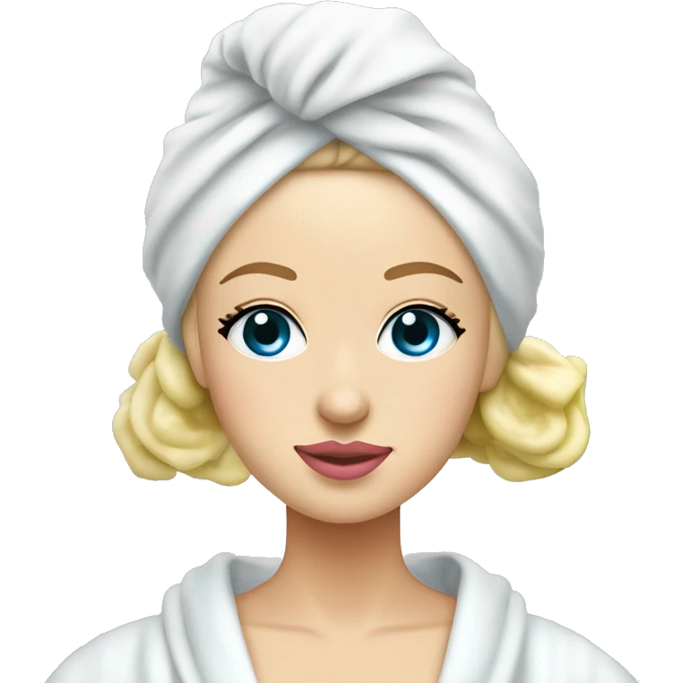 White girl with blonde hair and blue eyes and pink lips with a spa towel on her head and a robe on with cucumbers on her eyes emoji