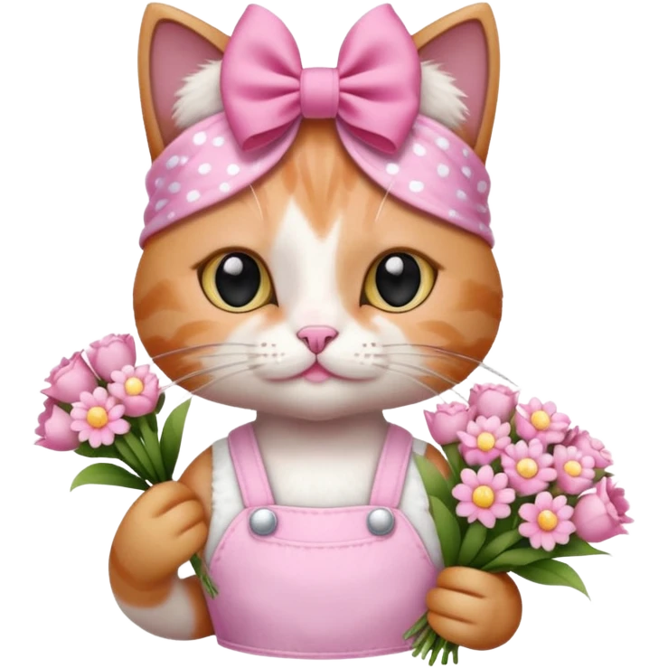 گربه‌ای که دستش یه دسته گل صورتی سفید باشه رو سرش پاپیون باشه و لباس صورتی سفید تنش باشه حالت بیلر داشته باشه و یه کادر کوچیک که نشونه فکر بالا سرش باشه emoji