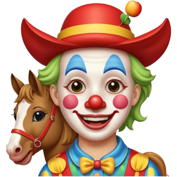a crying but smiling and showing a peace sign clown face riding a horse, make it native to apple emoji style, the horse and the clown both emoji should match apple's style. emoji