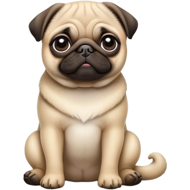 detailed-[cute pug]-realistic-full-body-sitting-emoji,-tail-resting-loosely-beside-its-paws,-head-tilted-dramatically, -sleek-fur,-simplified-yet-realistic-focused-features,-highly-detailed,-glowing-with-an-almost-sarcastic-glow emoji
