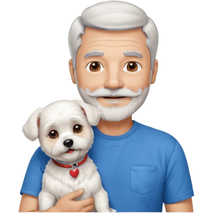 handsome gentleman, 60 years old, very short silver hair, beard, sideburns and moustache, wearing a blue t-shirt, smiling and holding a maltese dog emoji