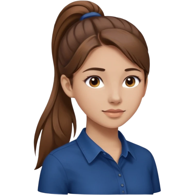 pretty girl brown long hair makeup ponytail  on left shoulder, dark blue shirt emoji