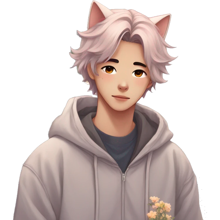 Gorgeous romantic anime style Asian shojo guy with cat ears and flowers and blushing face and hoodie aesthetic trending style outside emoji