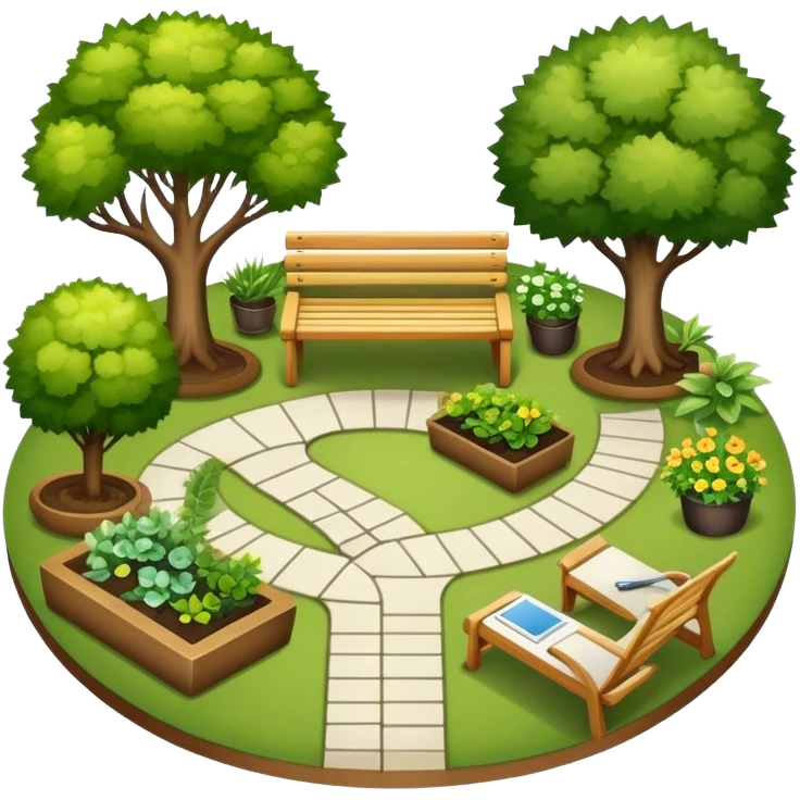Icon for Landscape Design: a garden layout with trees, plants, pathways, and outdoor furniture, along with design tools like a ruler and sketchpad. The icon should represent the creativity and planning behind landscape design. Transparent background. emoji