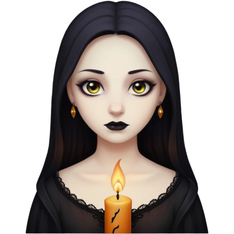 Pale woman with kohl-lined eyes staring through candle smoke, predatory calm, gothic fantasy mood emoji