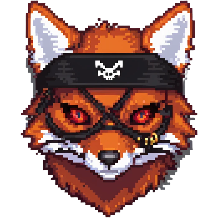 Fox with fiery red eyes, one eye covered with pirate blindfold emoji