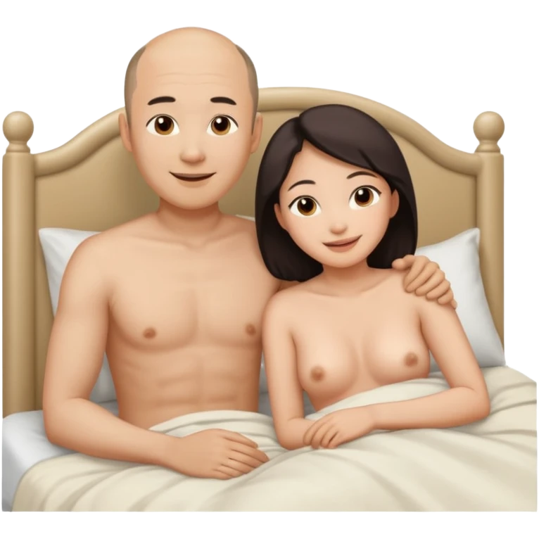 slightly balding asian man and asian woman naked in bed together emoji