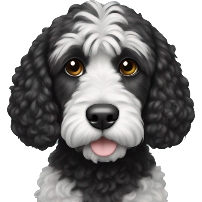 Black cockapoo dog with a white big stripe from the chin to the belly. The moustache is also black emoji